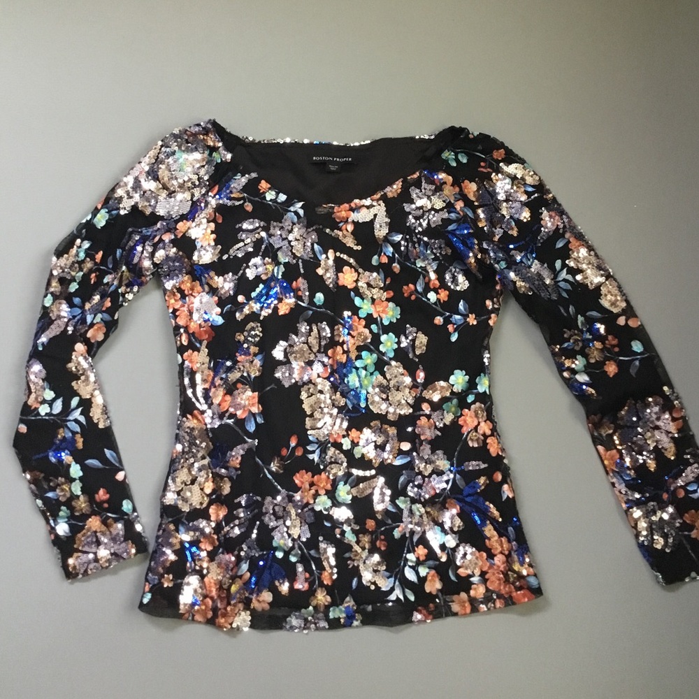 Boston Proper Festive Floral Sequin Fairy Top